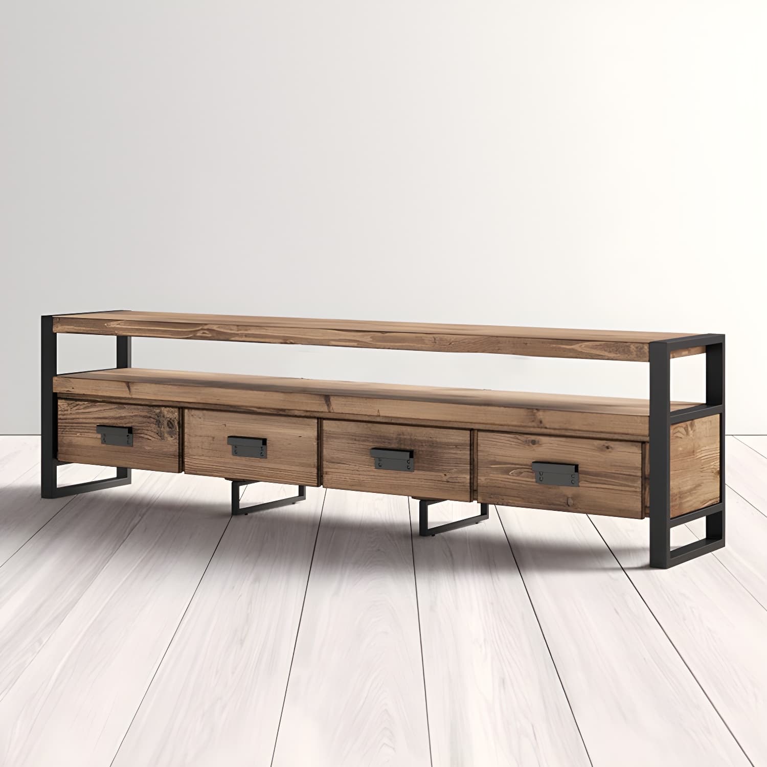 Brown Media Console with Shelves Industrial Pine Wood Top TV Media Stand - image 4