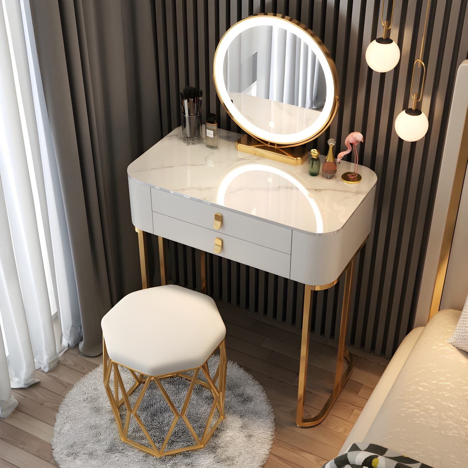 Luxurious Vanity Dressing Table Solid Wood Vanity Set with Stool and Mirror