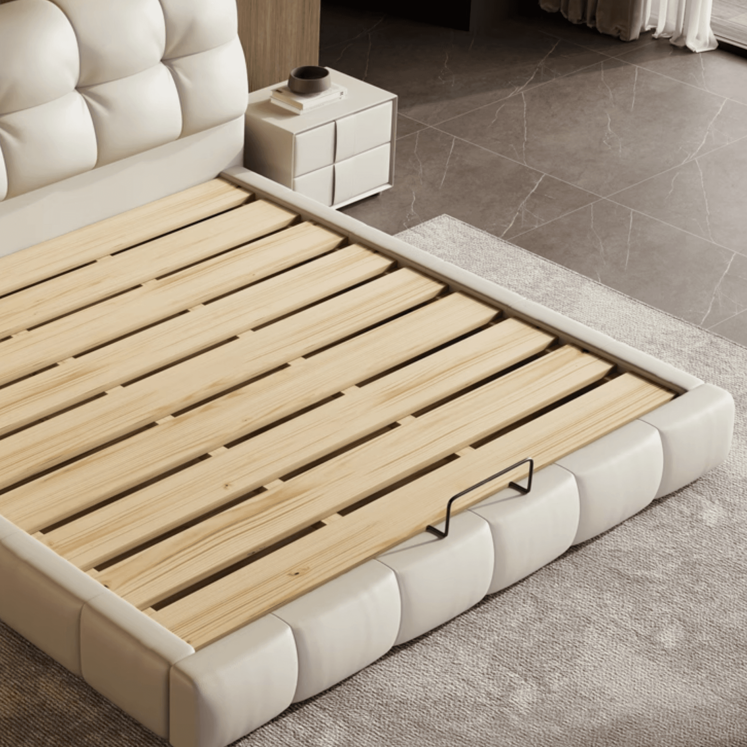 Beige Solid Color Storage Bed with 3 Storage Boxes, Pine Wood Frame, and Button-tufted Design for Living Room - image 4