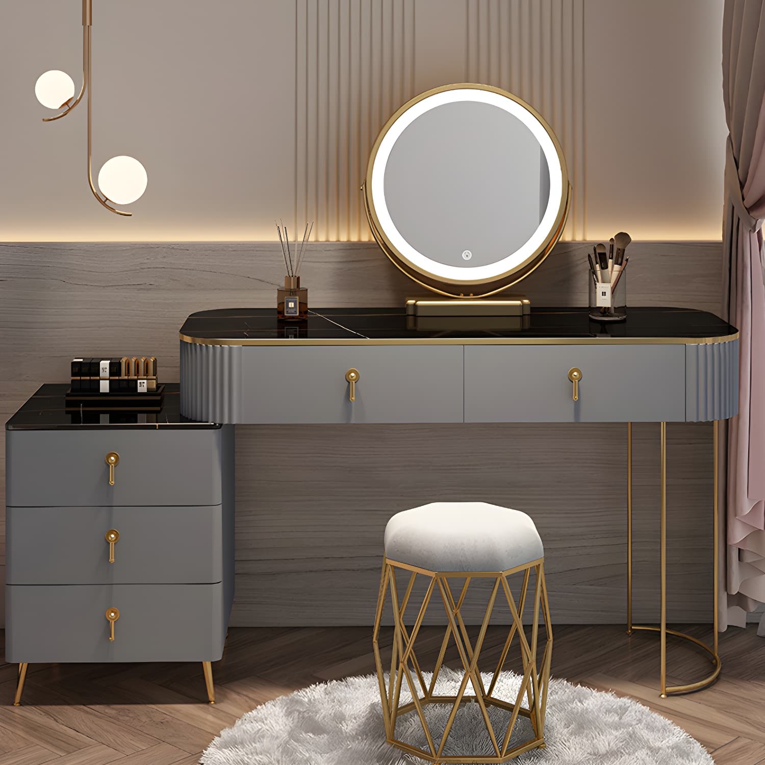 Contemporary Mirrored Wood Top Makeup Vanity Desk White/Gray Dressing Table - image 14