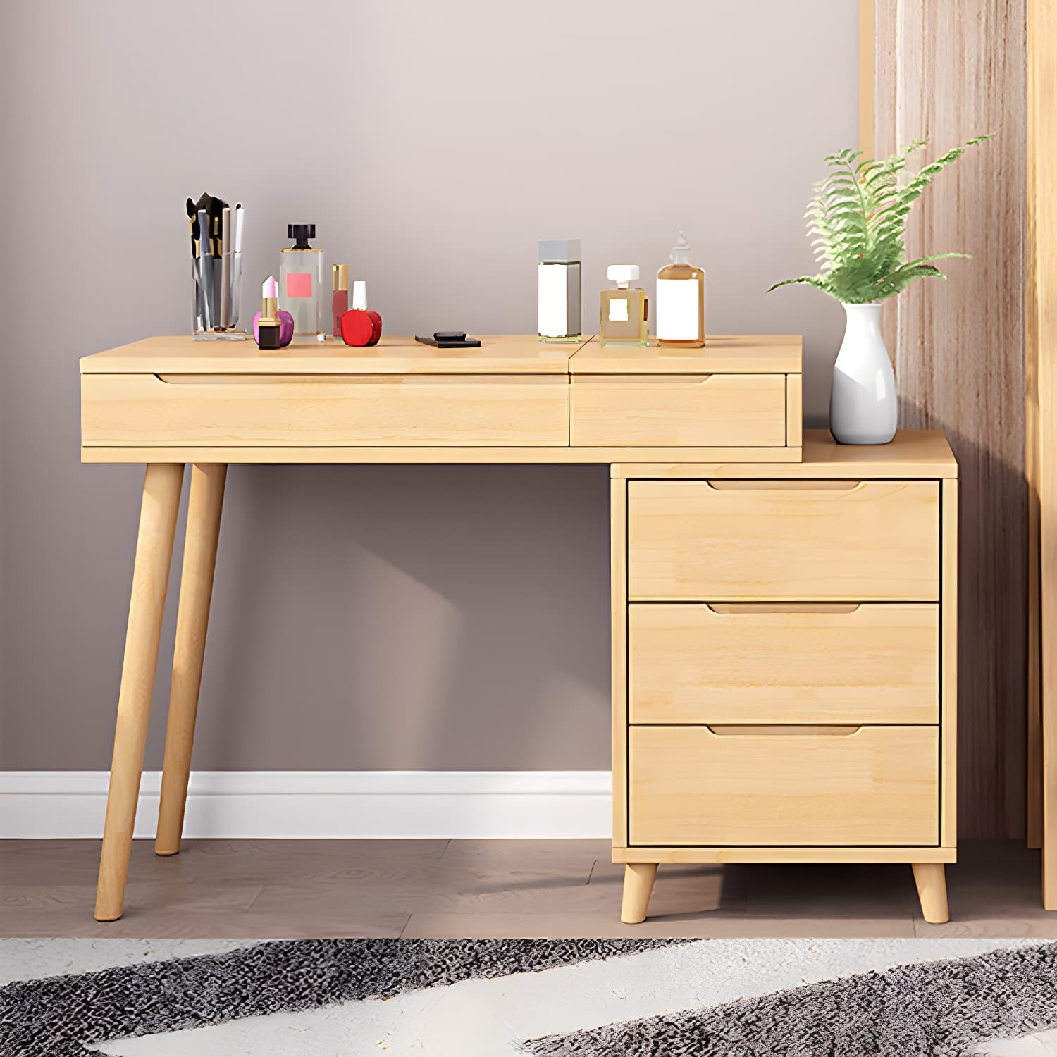 Solid Wood 1/4-Drawer Vanity Makeup Table with Mirror and Stool - 17.72" D - image 5