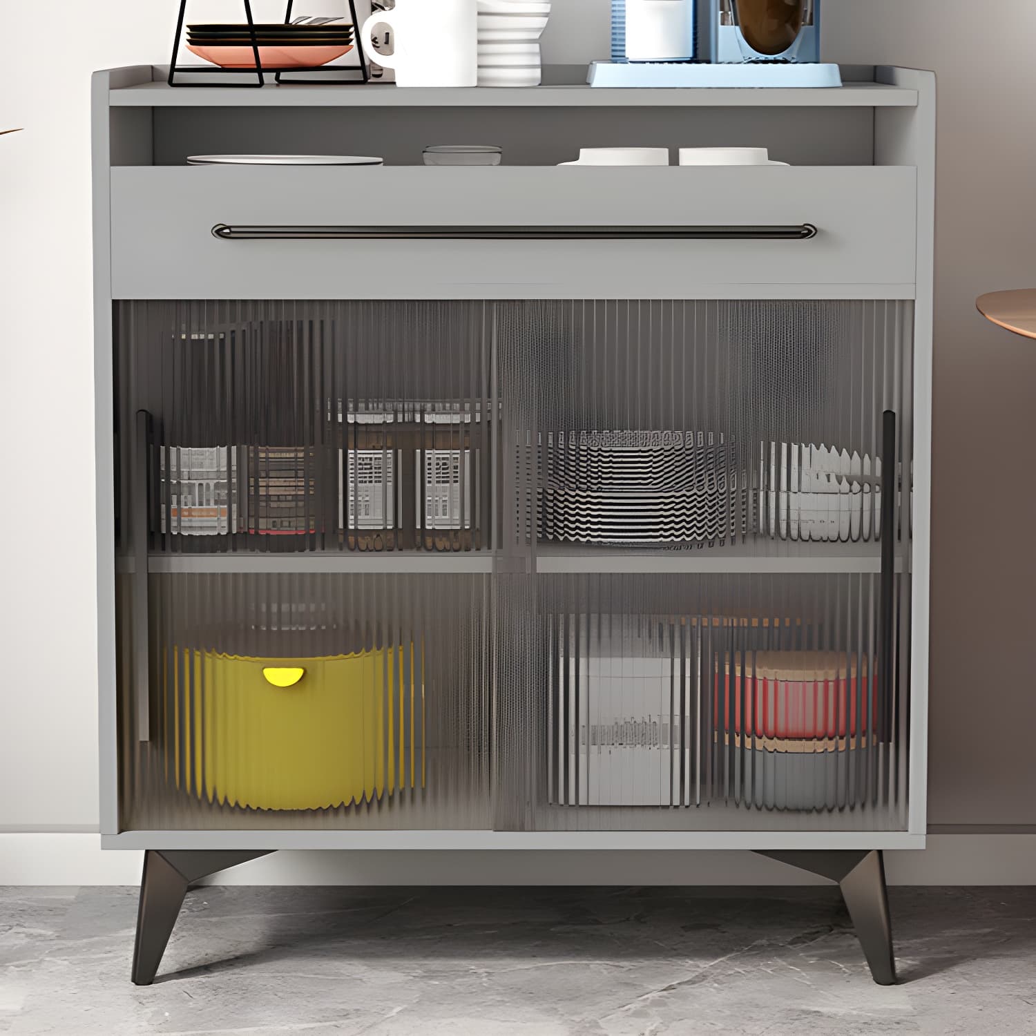 Scandinavian Wood Sideboard Credenza with Acrylic Doors and Drawers