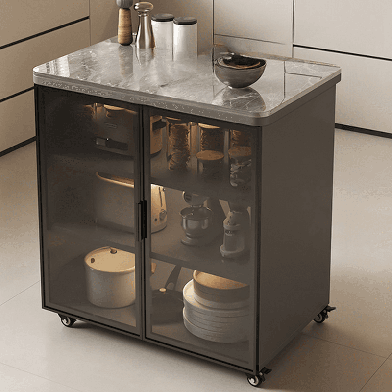 Trendy Sideboard on Caster Wheels with Narrow Stone Countertop, Glazed Door, Adjustable Shelving, and Lighting System