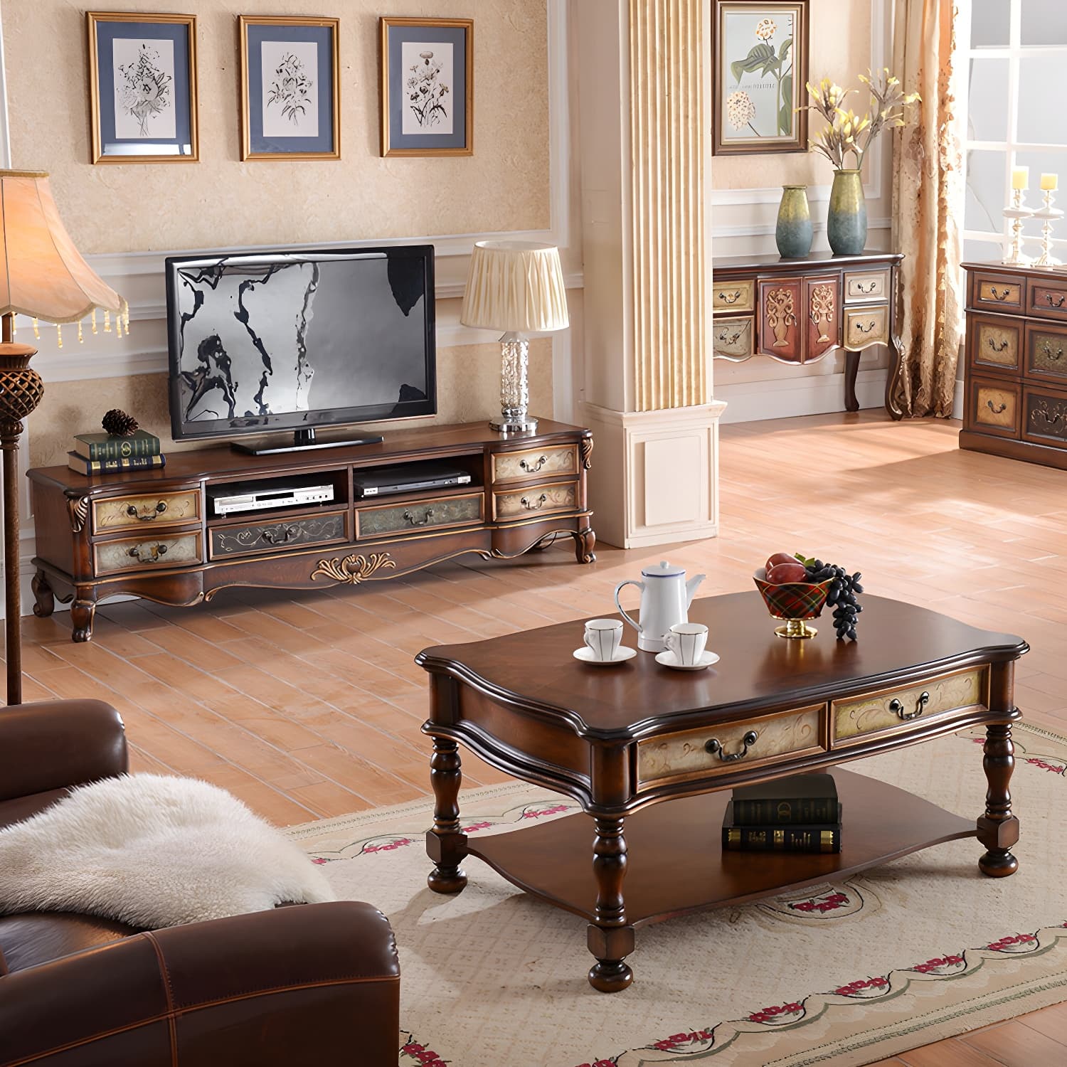Vintage Birch Wood Media Console Matte Finish TV Media Stand with Drawers and Open Storage - image 10