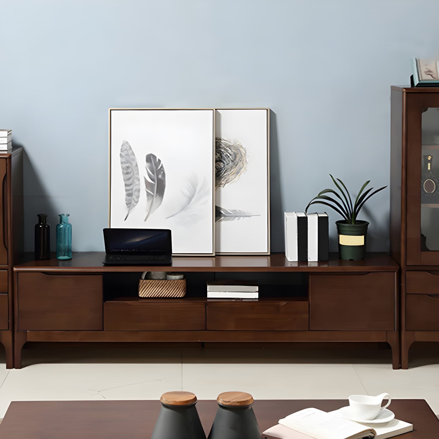 Rubber Wood Media Console Modern 2 Doors TV Console with Splayed Wooden Legs - image 6