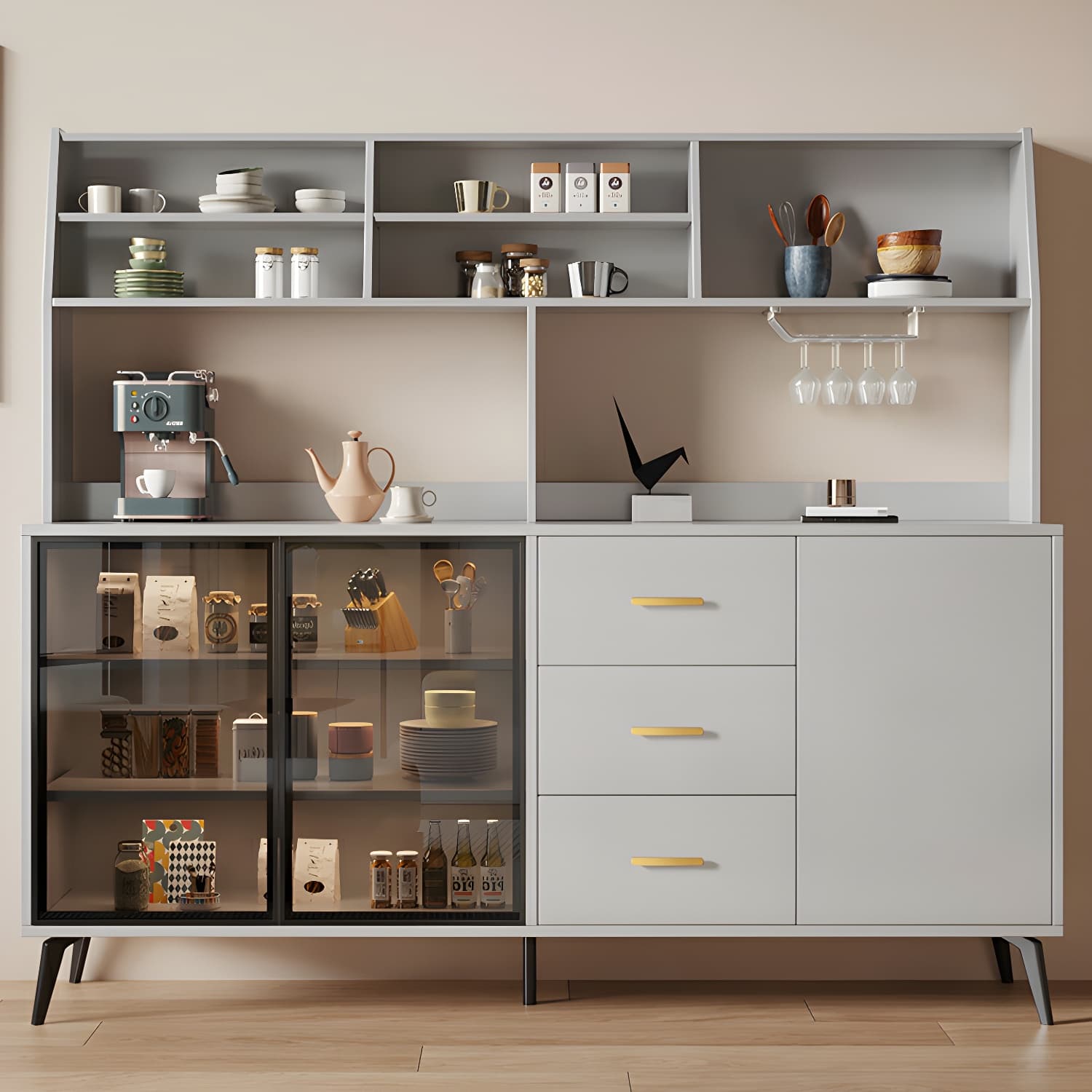 Glass Door Modern Wooden Kitchen Sideboard with Adjustable Shelving - image 14