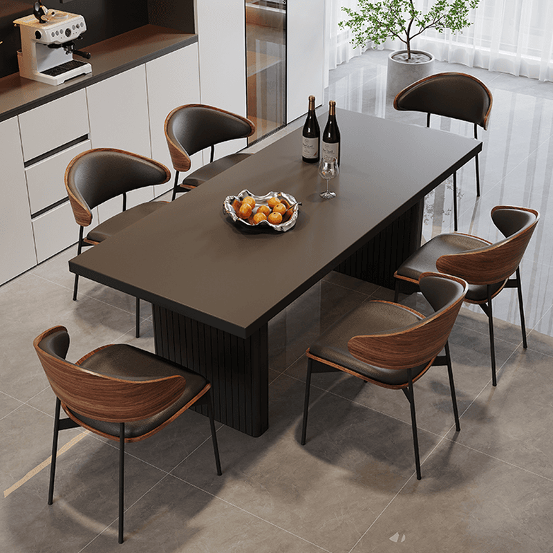 Dining Table Set with Slate Top and Two-sided Pedestal, Padded Chair with Back for 6 People, 7 Piece Set in Midnight Black