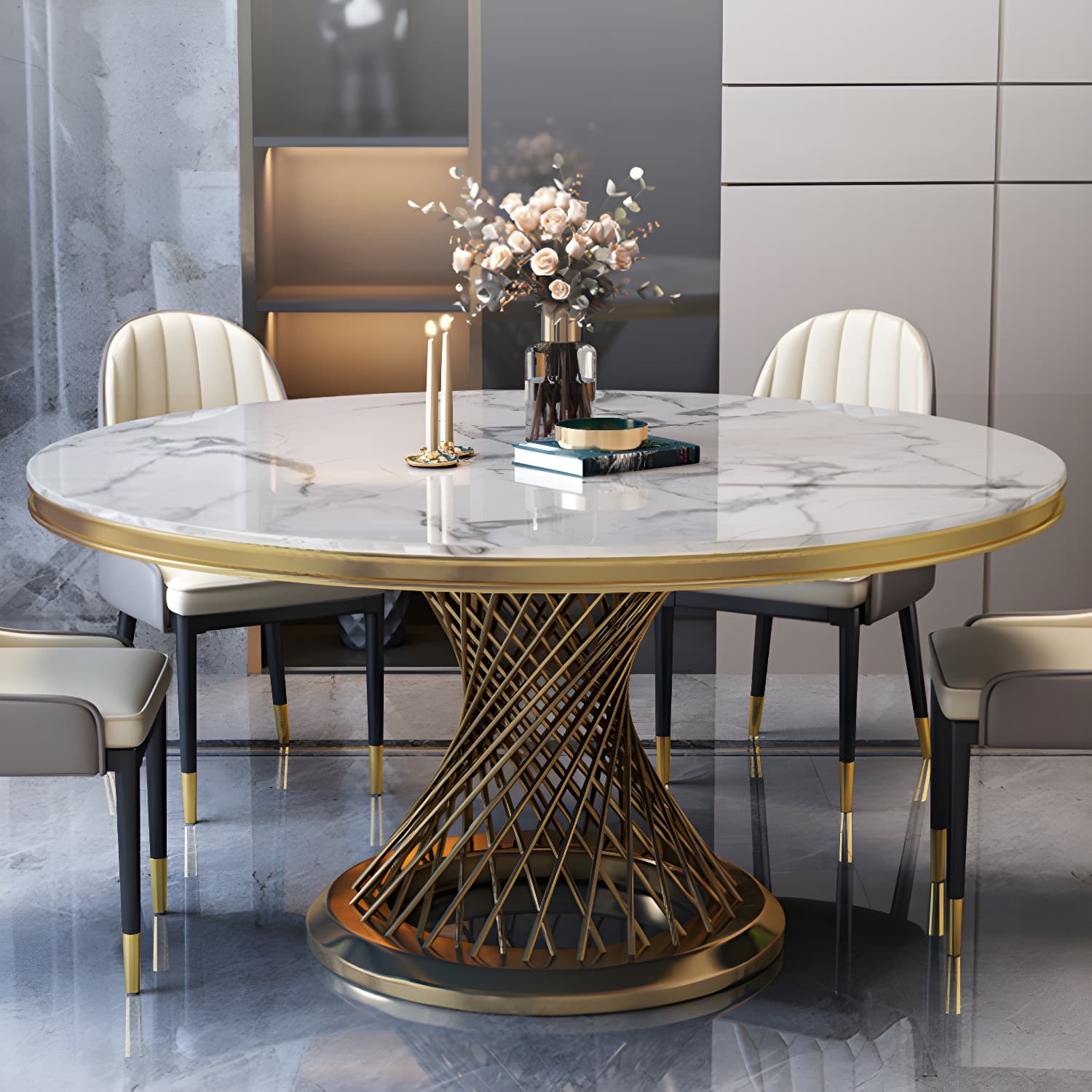 Round White Marble Modern Dining Table with Gold Steel Pedestal Base - image 12
