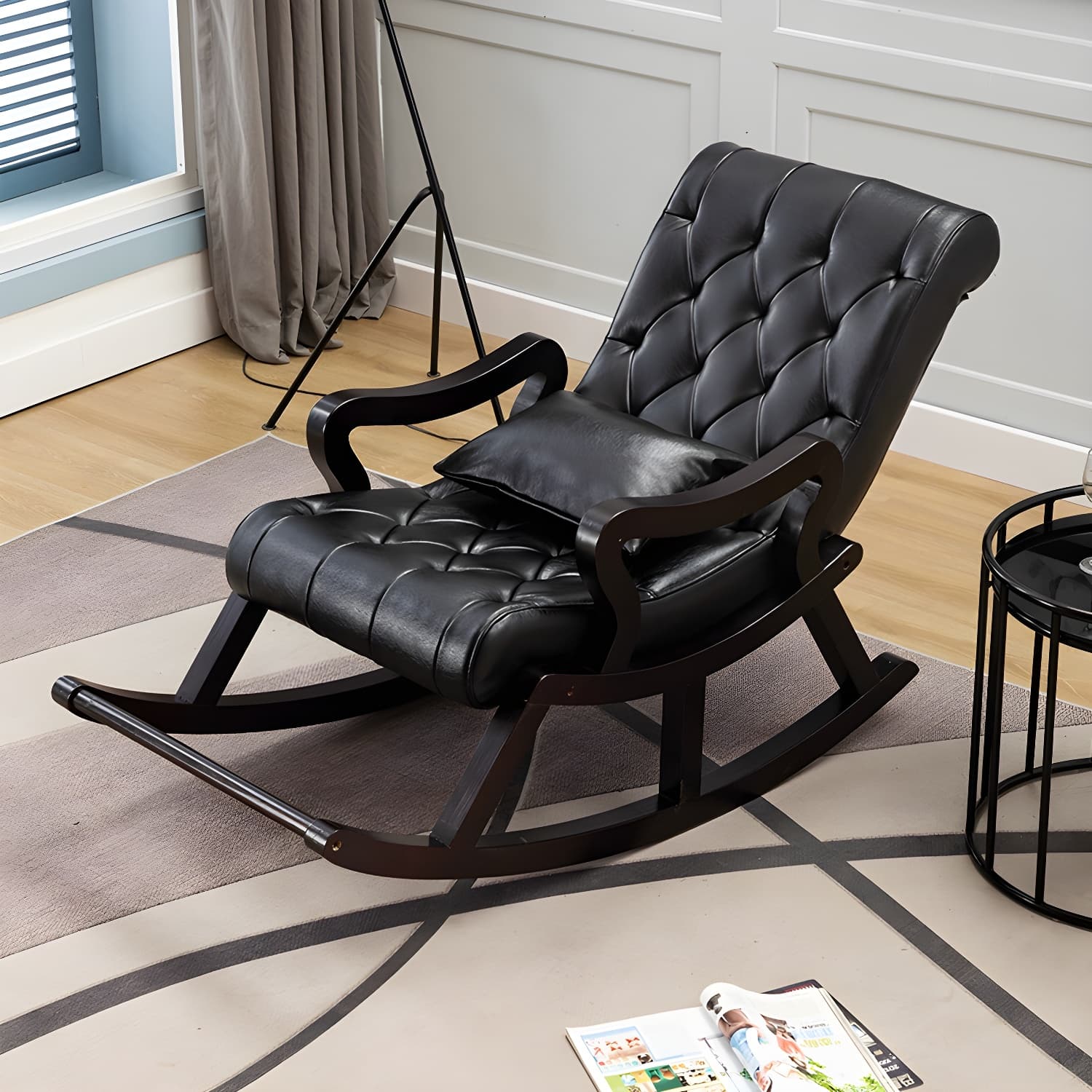 49" Wide Solid Wood Faux Leather Rocking Accent Chair with Legs