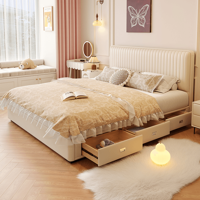 Ivory Solid Color Storage Bed with 3 Storage Boxes, Padded Frame, Sponge Upholstery, and Panel Headboard for Bedroom