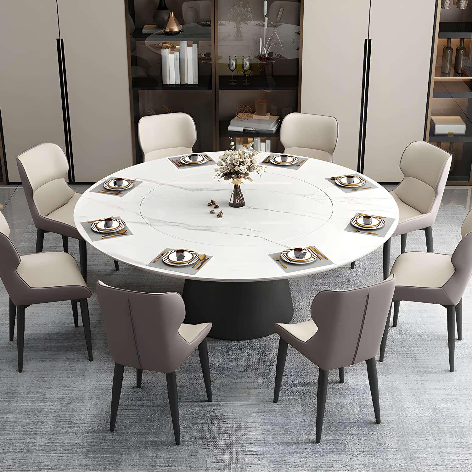 Modern Round Dining Table White and Black Metal Base Convertible Dining Table - image 3
