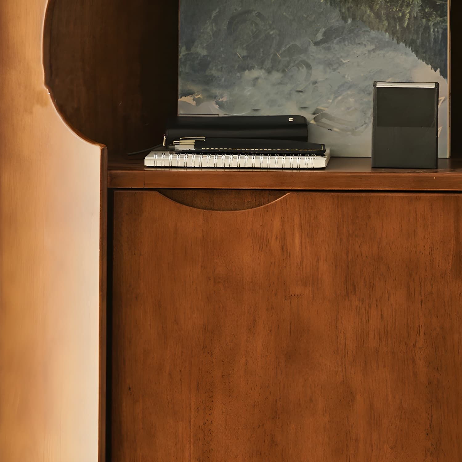Corner Mid-Century Modern Accent Cabinet with Wood Countertop, Glass Doors, and 5 Shelves - image 9