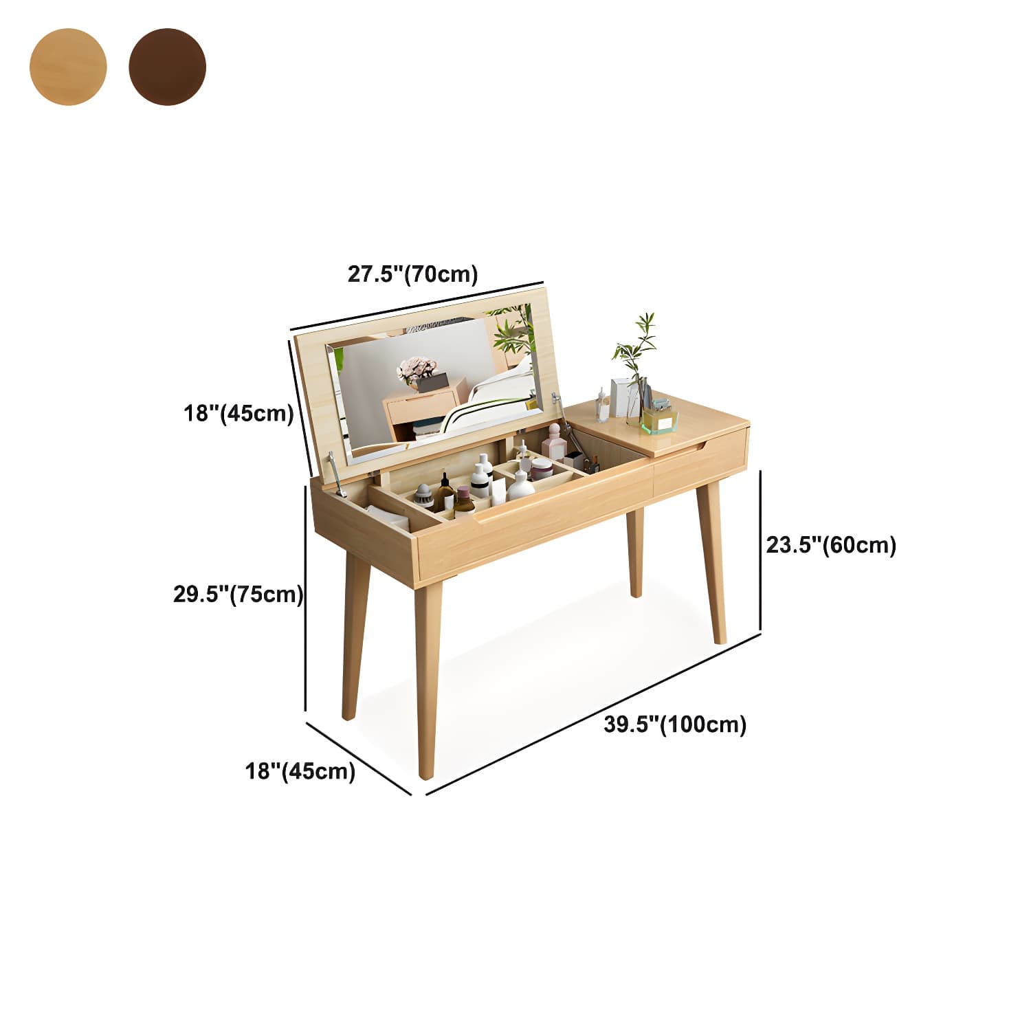 Solid Wood 1/4-Drawer Vanity Makeup Table with Mirror and Stool - 17.72" D - image 22