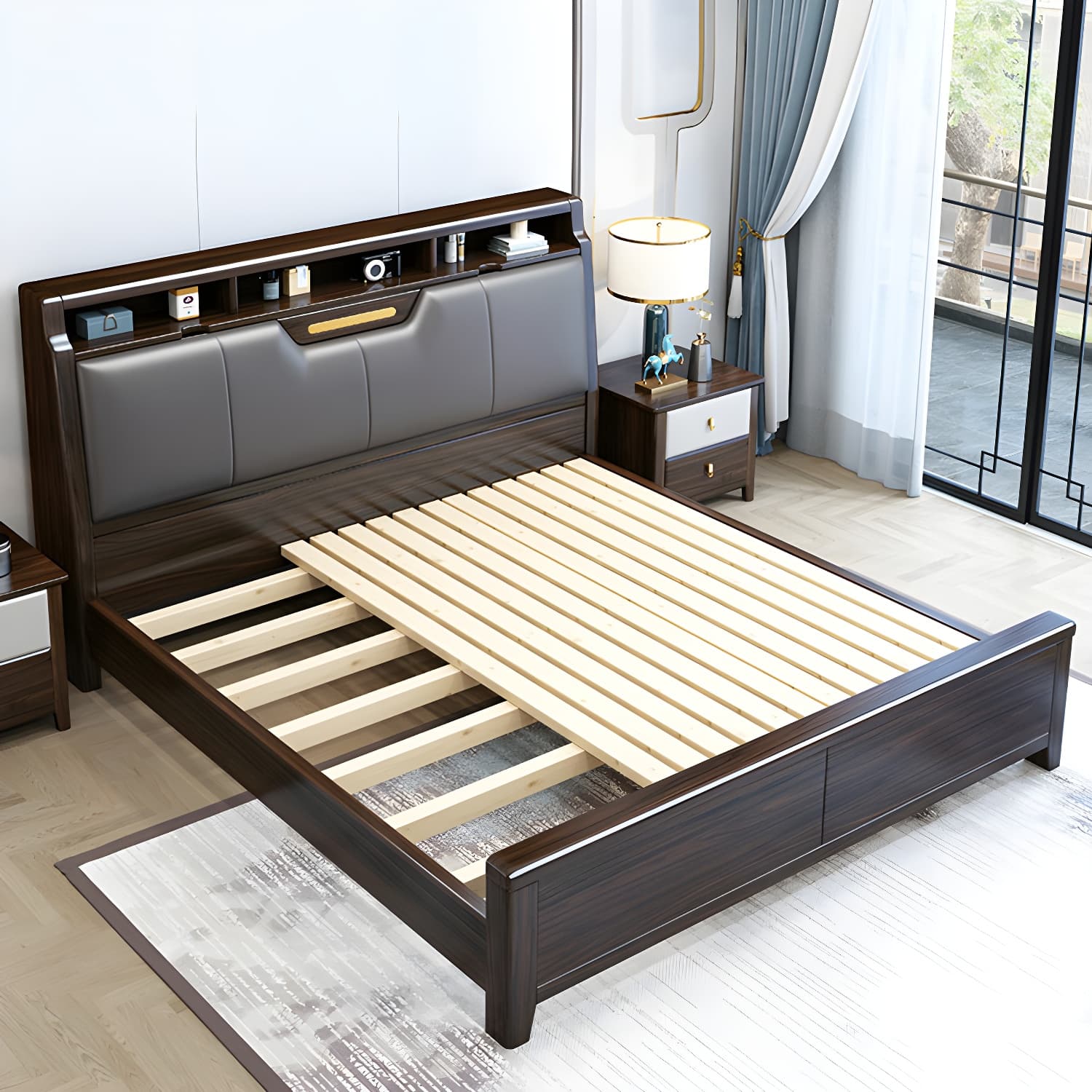 Brown Upholstery Wood Bed with Headboard – Modern Style, Full Assembly Needed - image 10