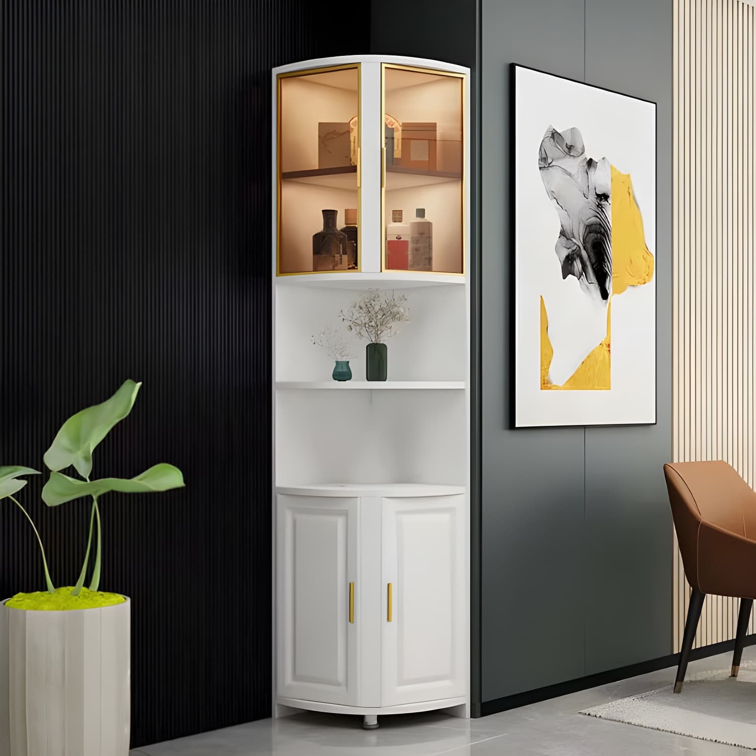 Modern White Corner Accent Cabinet with Glass Doors and 2 Interior Shelves - image 3