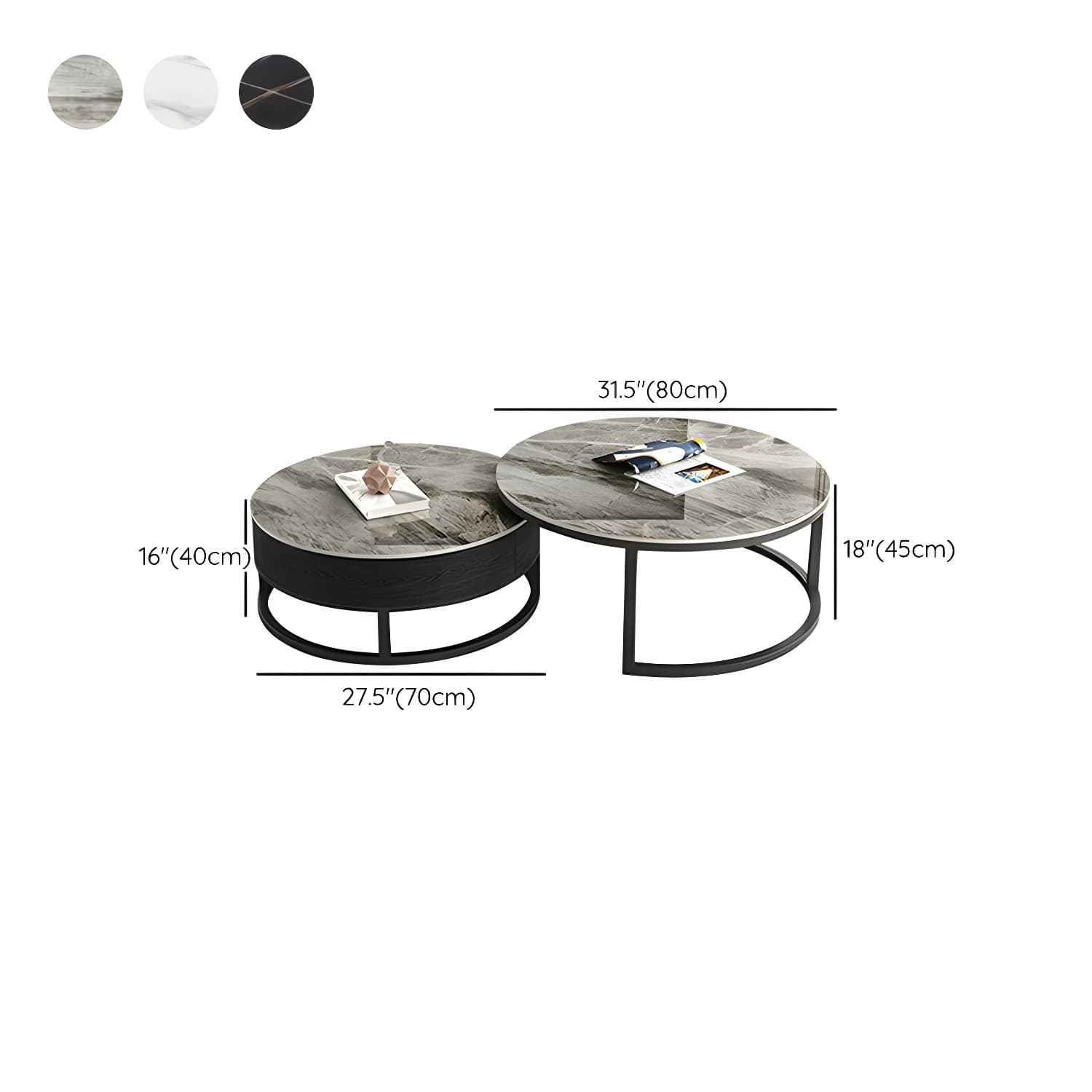 Set of 2 Round Stone Top Modern Nesting Tables with Black Metal Frames and Drawers Included - image 16