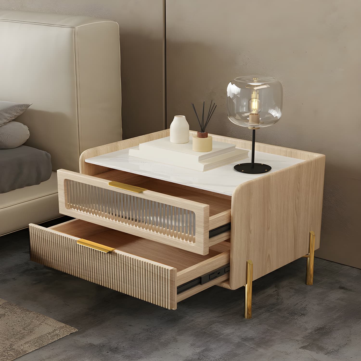 Glam 4 Gold Legs Storage Drawer Nightstand with Glass Drawer Door - image 9