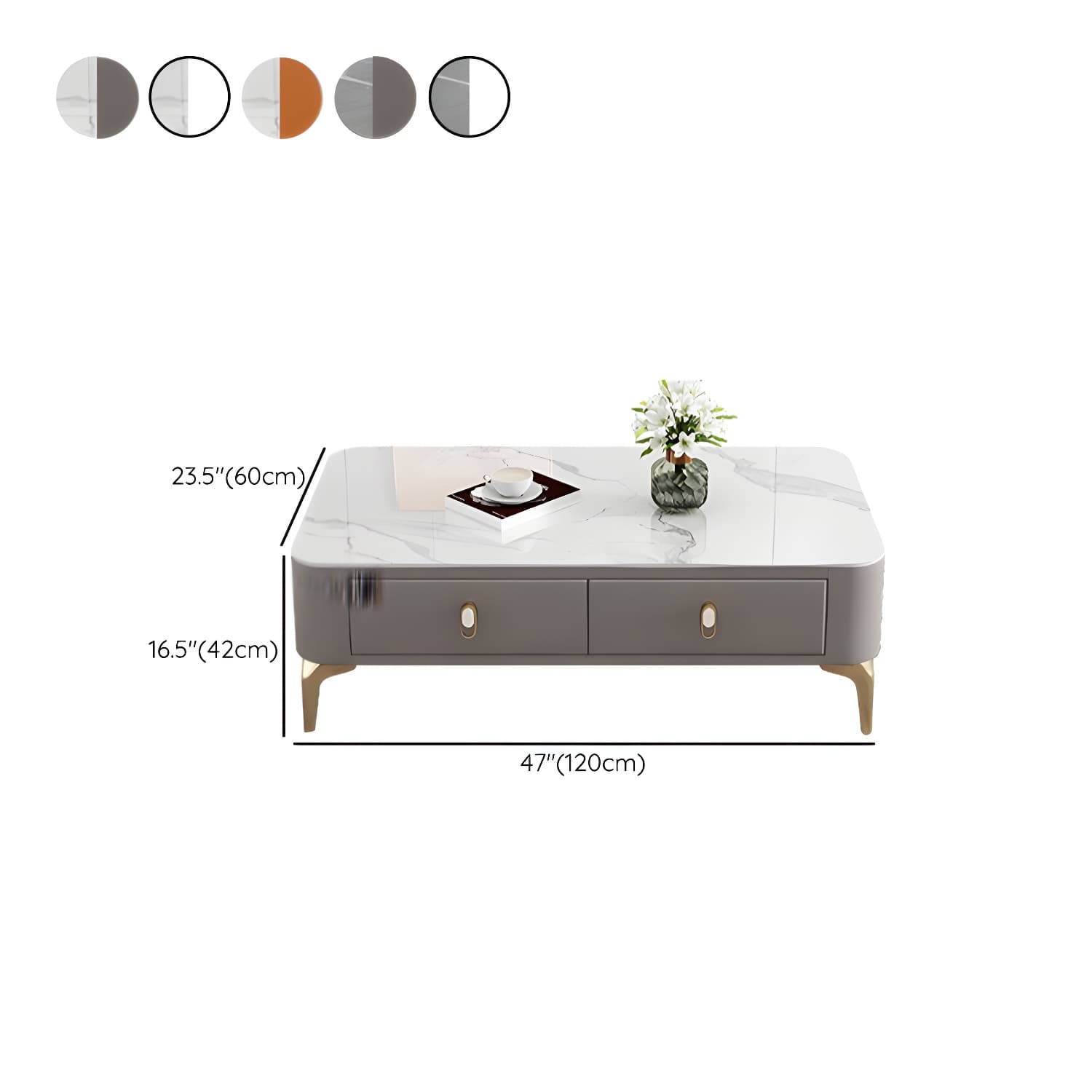 Modern Gold Metal Coffee Table with Stone Top and Built-In Storage Drawers - image 15
