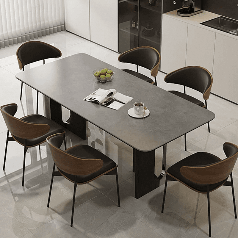 Dining Table Set with Slate Top and Two-sided Pedestal, Fixed Table, Padded Chair with Back, 5-piece in Dove Grey