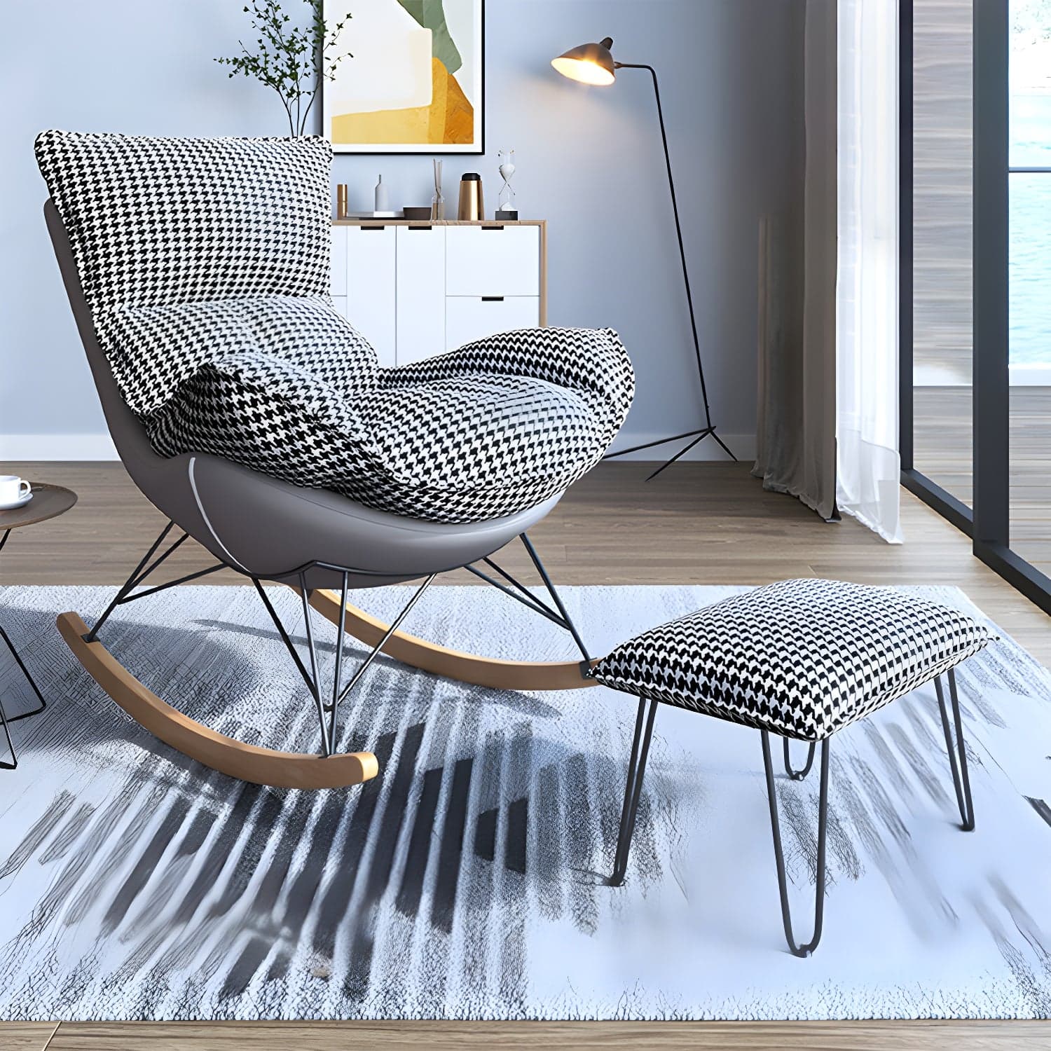 Contemporary Rocker Chair Antique Finish Rocking Chair with Ottoman - image 8