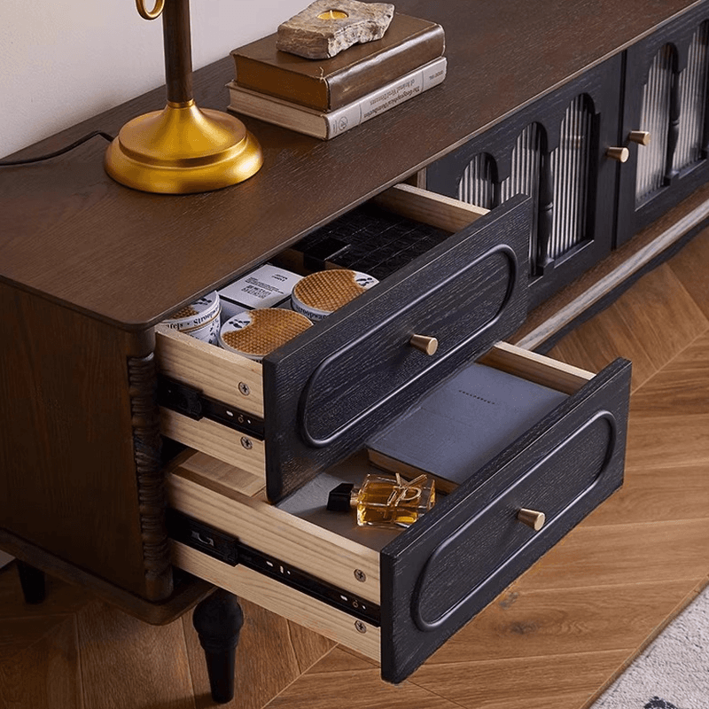 Pecan Art Deco Natural Wood TV Stand with 4 Drawers, Locker, Cable Management, and Adjustable Shelving - image 6