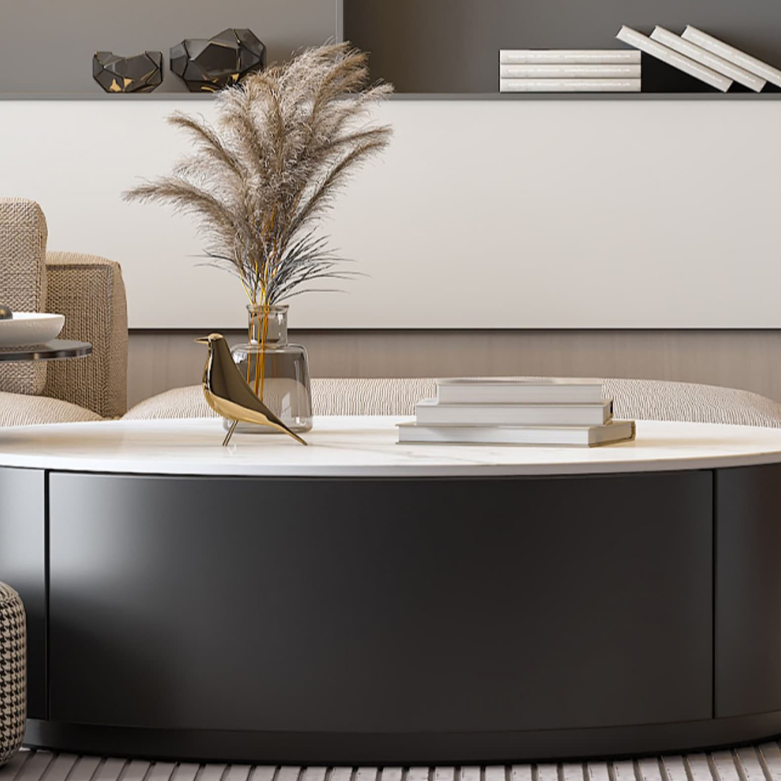 Stone Top Coffee Cocktail Table with Drawer Drum Contemporary Round - image 8