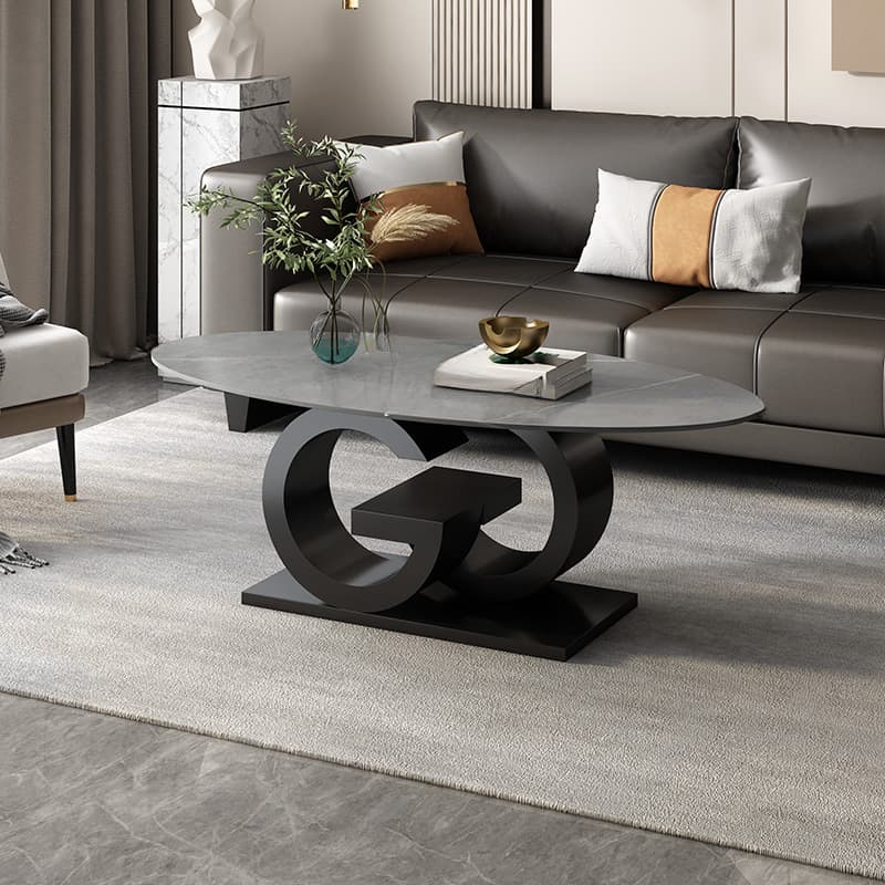 Contemporary Design Single Slate Oval Coffee Table with Abstract Base in Midnight Black/Gray/Chalk