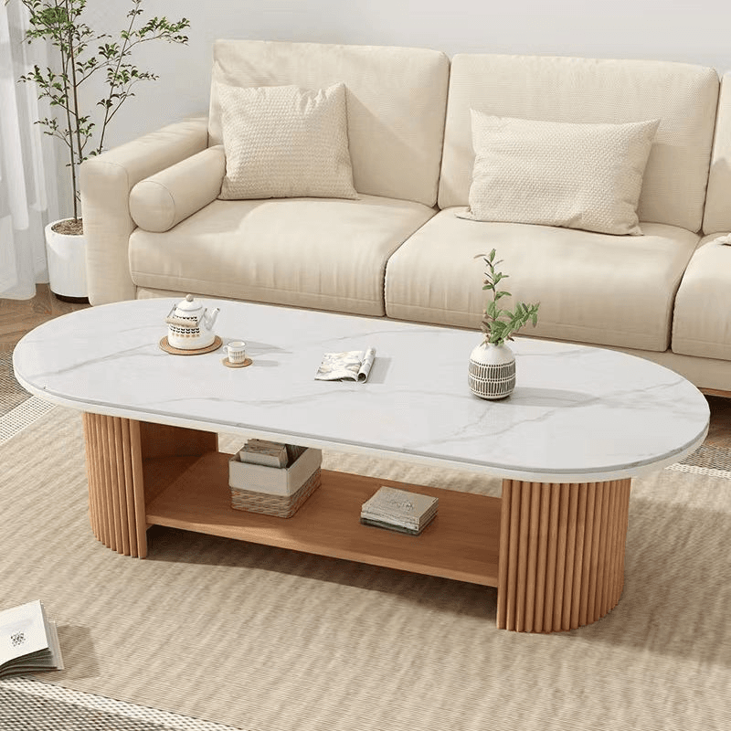 Elegant 2 Tiers Oval Natural Wood Board Game Coffee Table with Twin Support and Repository Storage, 1 Shelf