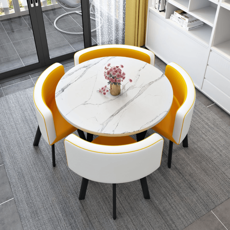 Minimalist Dining Table Set with Rounded Recycled Wood Top, Padded Chair, Back Seat, White Color - image 9