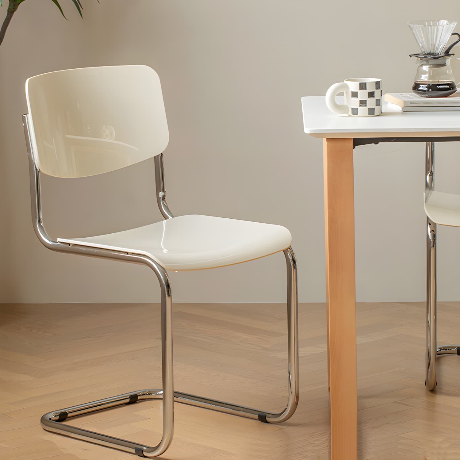 Scandinavian Open Back Side Chair with Silver Metal Legs in Plastic & Acrylic for Kitchen & Dining - image 8