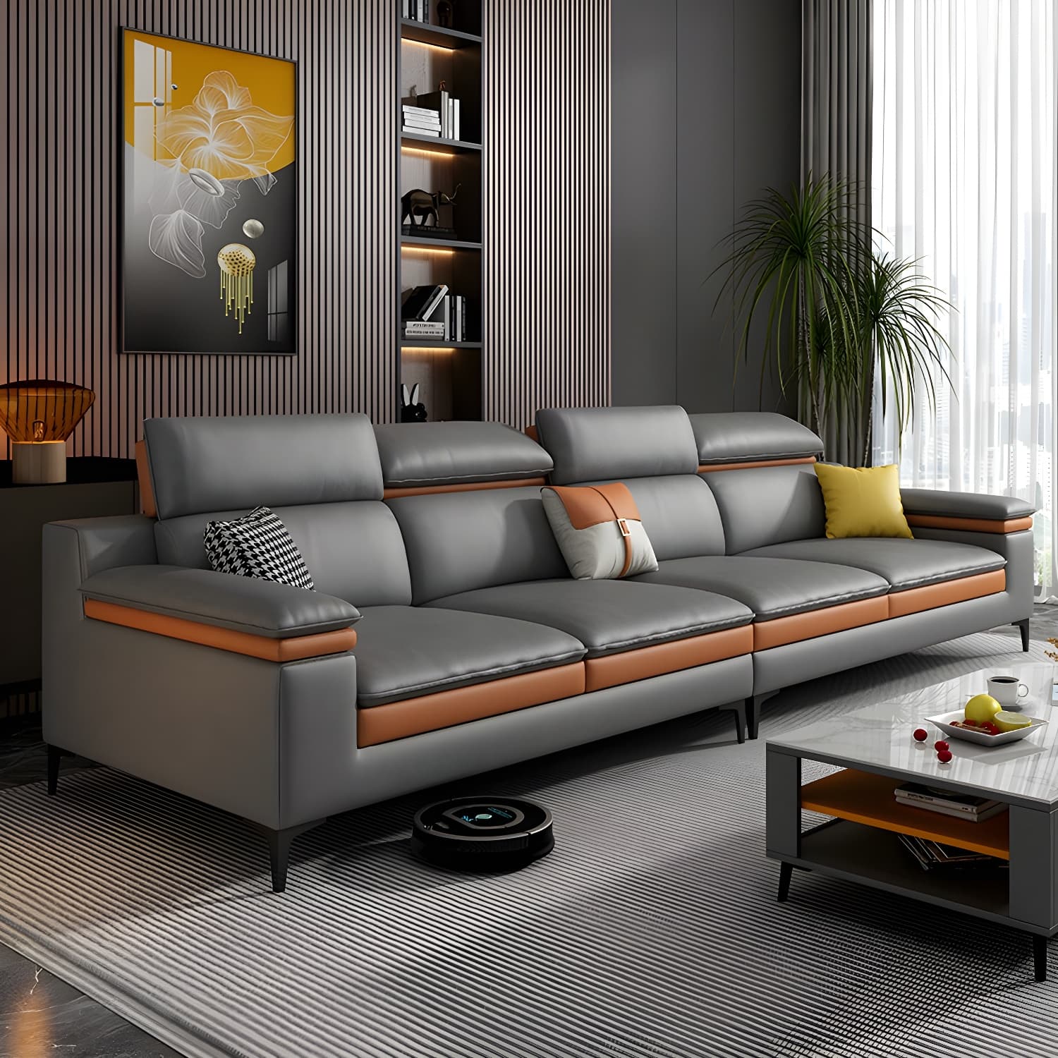 Modern Gray Tech Cloth Sectional Sofa with Adjustable Headrest