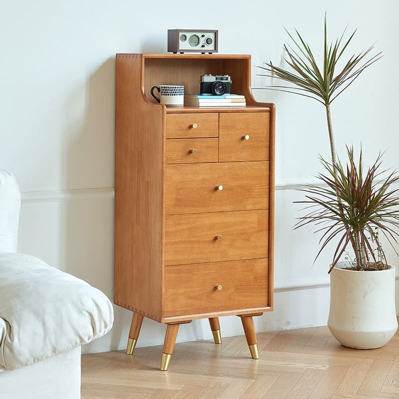Five-Drawer Wooden Dresser, Natural Color, Modern Design, 50in Length, Pre-Drilled