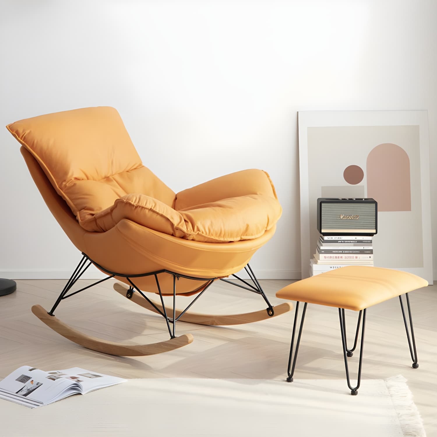Modern Upholstered Rocking Chair with Ottoman Set - Natural Wood Legs - image 14