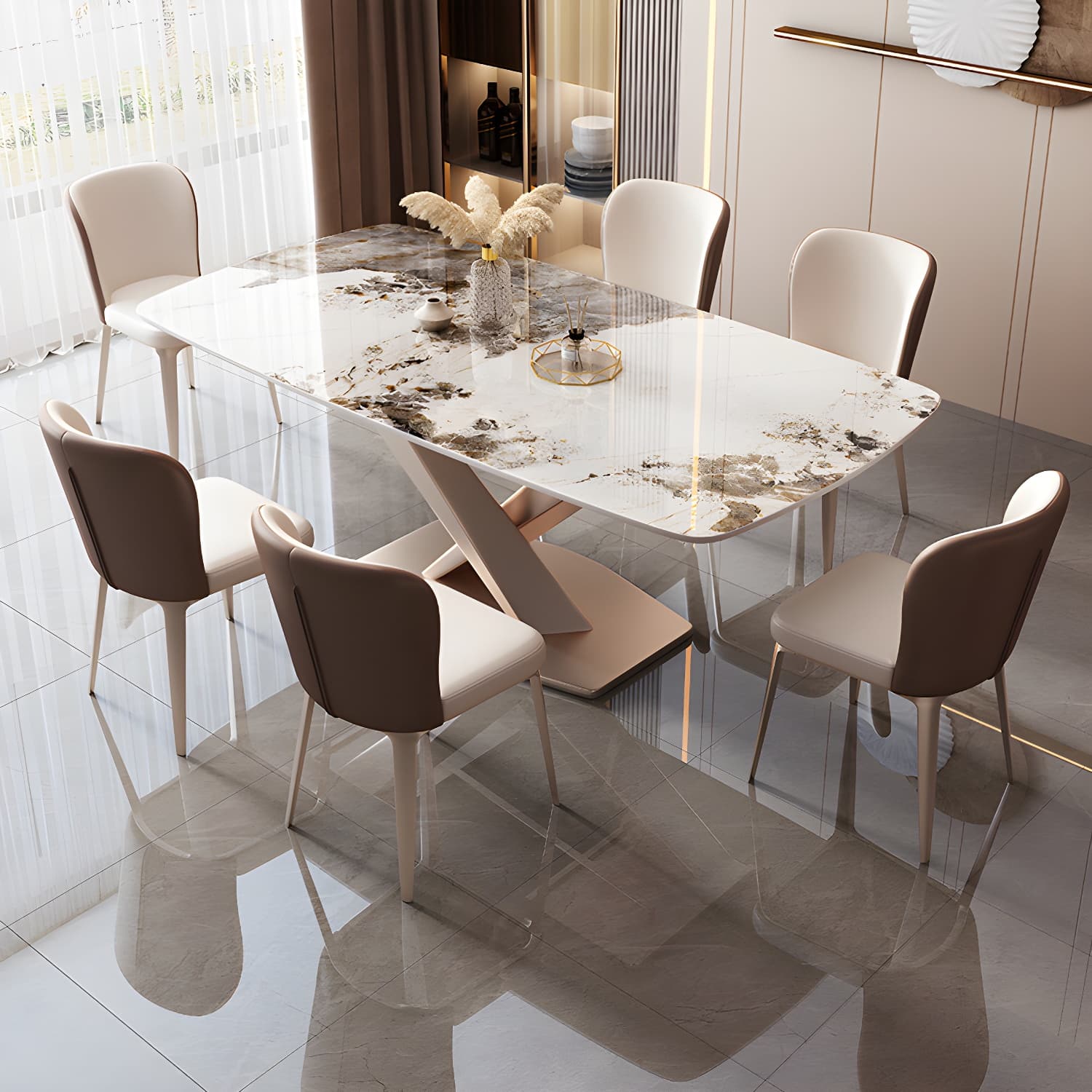 Modern Sintered Stone Top Dining Set Rectangle 1/2/5/7 Pieces Dinette Table Set in Gold - image 3