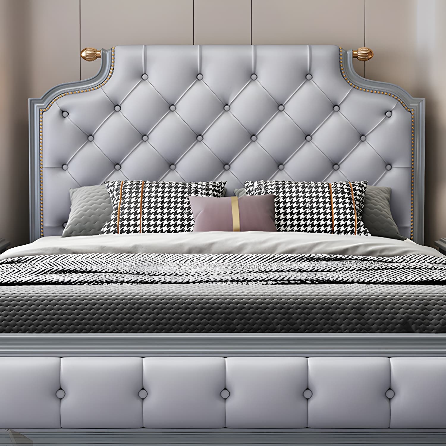 Tufted Upholstered Panel Bed with Nailhead Trim Victorian Solid Wood Bed Frame - image 8