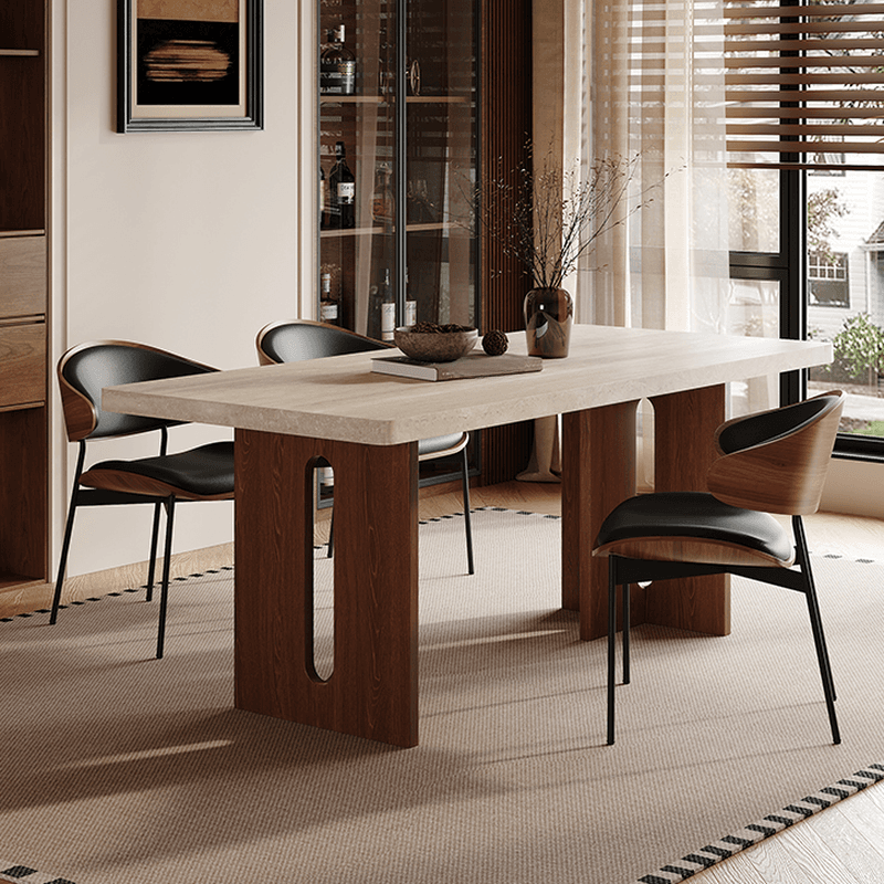Minimalist Rectangular Slate Stone Dining Table Set with Two-sided Pedestal in Ivory