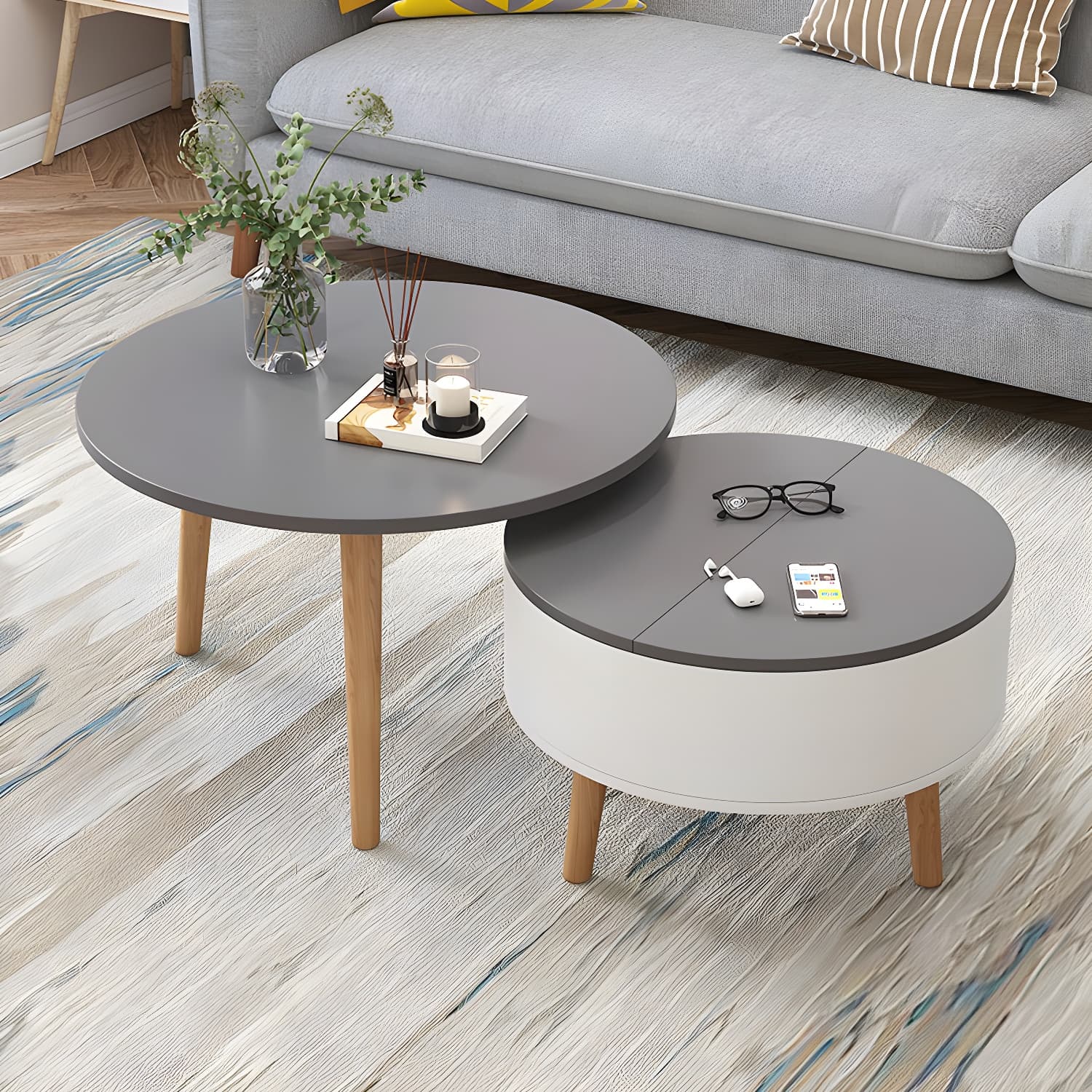 Round Solid Wood 3 Legs Coffee Table with Storage Drawers Modern Cocktail Table - image 5