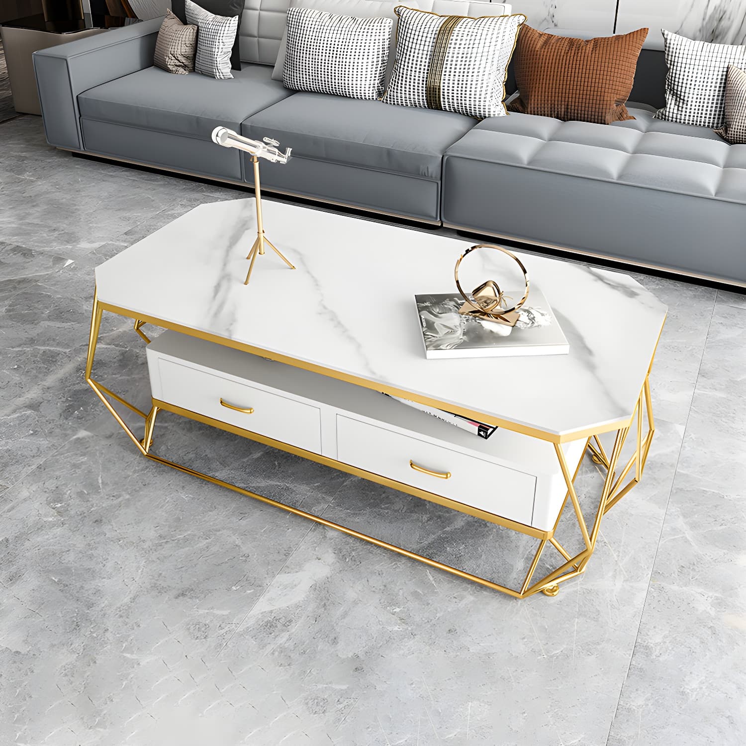 Glam Golden Frame Coffee Table with Storage Drawers Cocktail Table