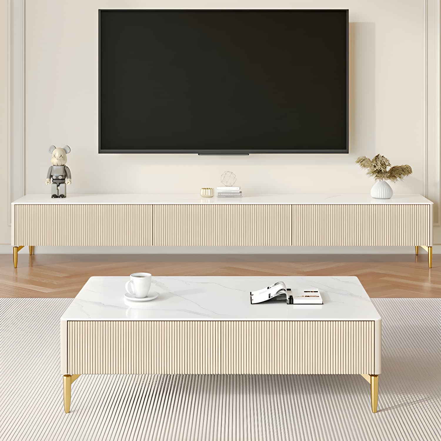 Modern Stone TV Stand with Drawers and Soft Close Glides featuring Cable Management - image 3