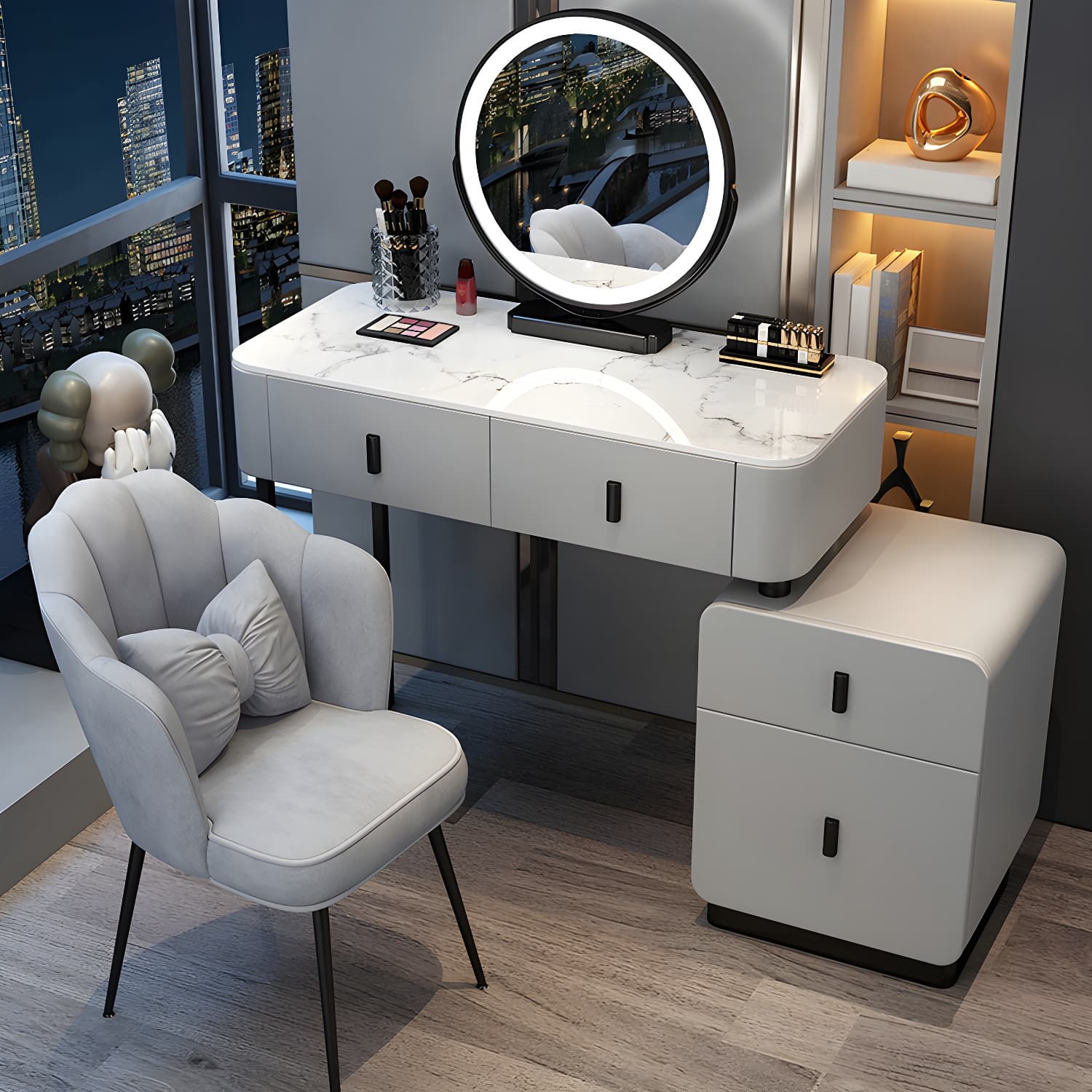 Wood Makeup Vanity Lighted Mirror Vanity Table and Stool Set - image 5