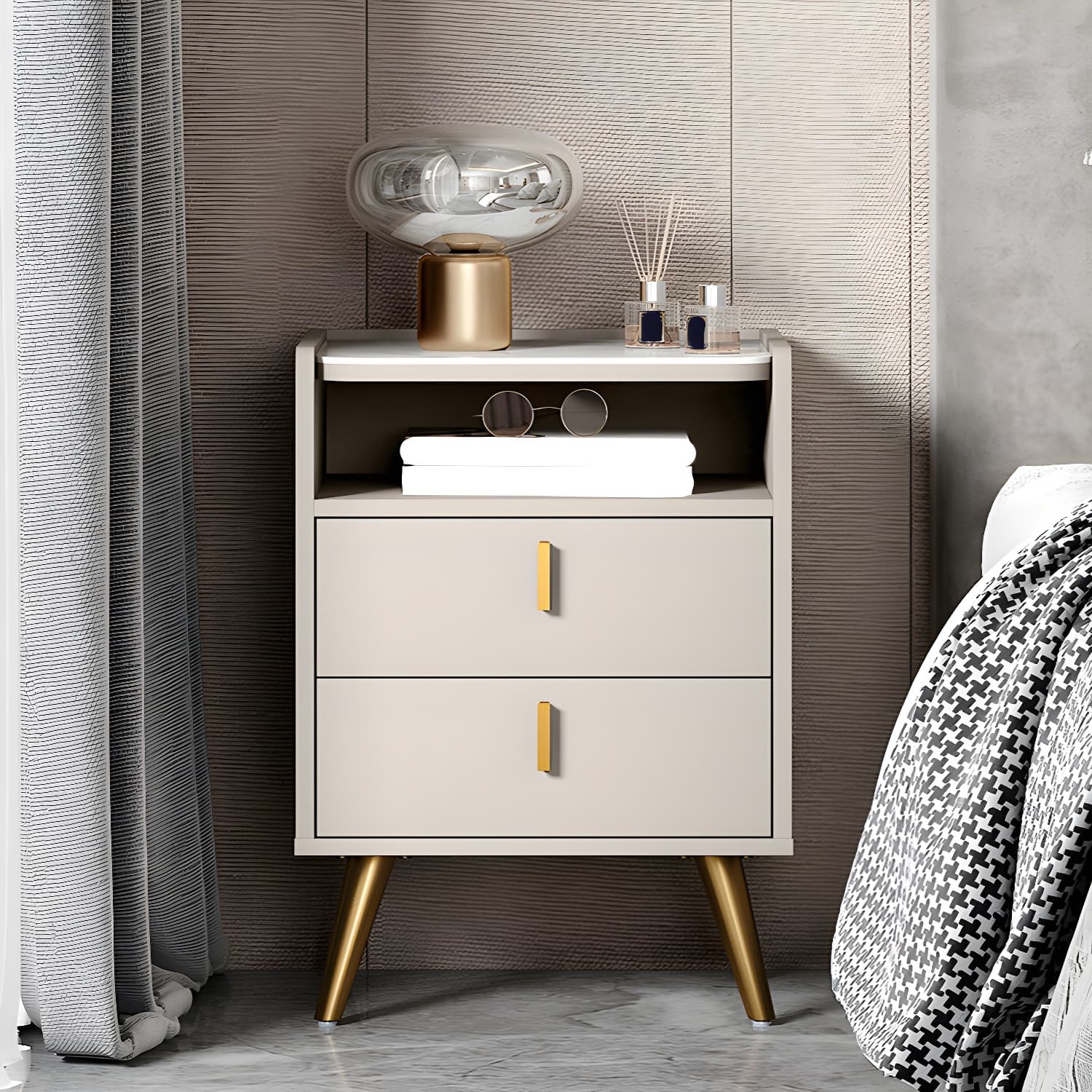Stone Top Nightstand Modern Open Stoarge Drawer Legs Included Bed Nightstand - image 15