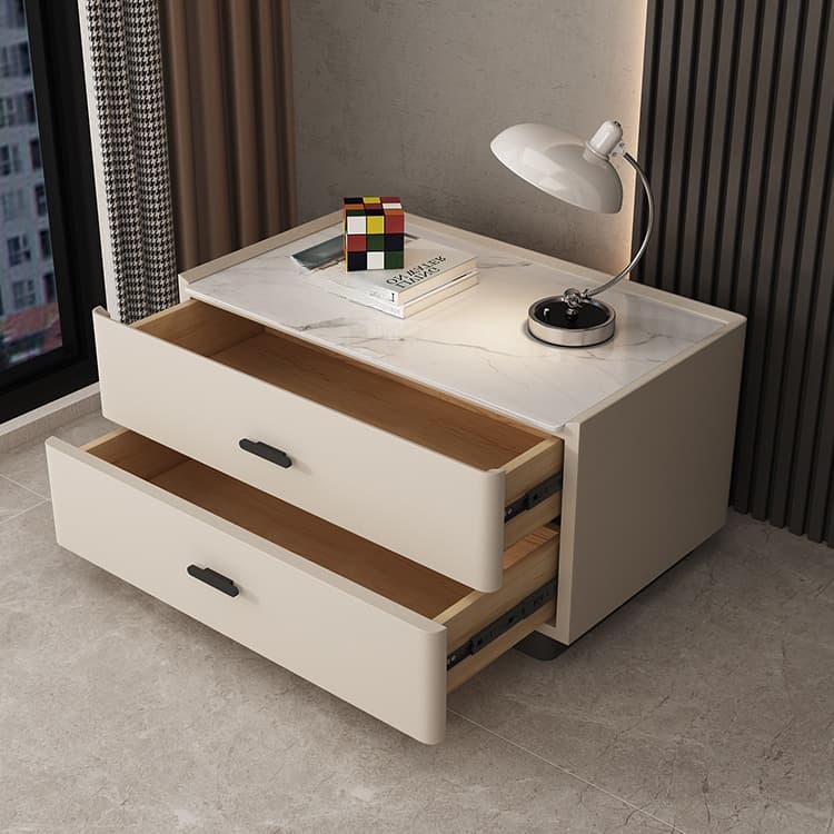 Elegant Two-Drawer Faux Leather Nightstand with Stone Countertop in Low Height for Modern Homes - image 12