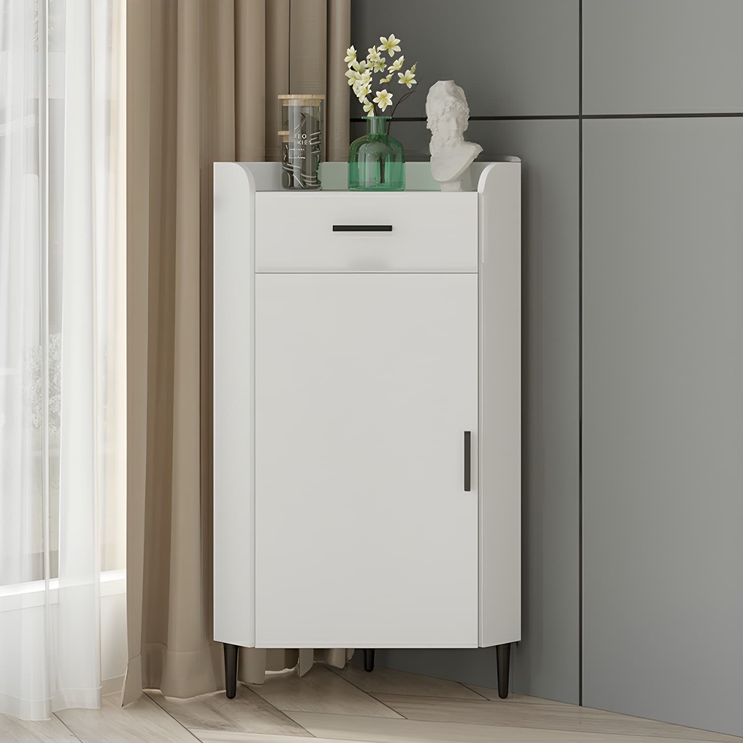 Small Modern Corner Accent Cabinet with Wood Counter Top, Drawers Included, and Metal Legs - image 5
