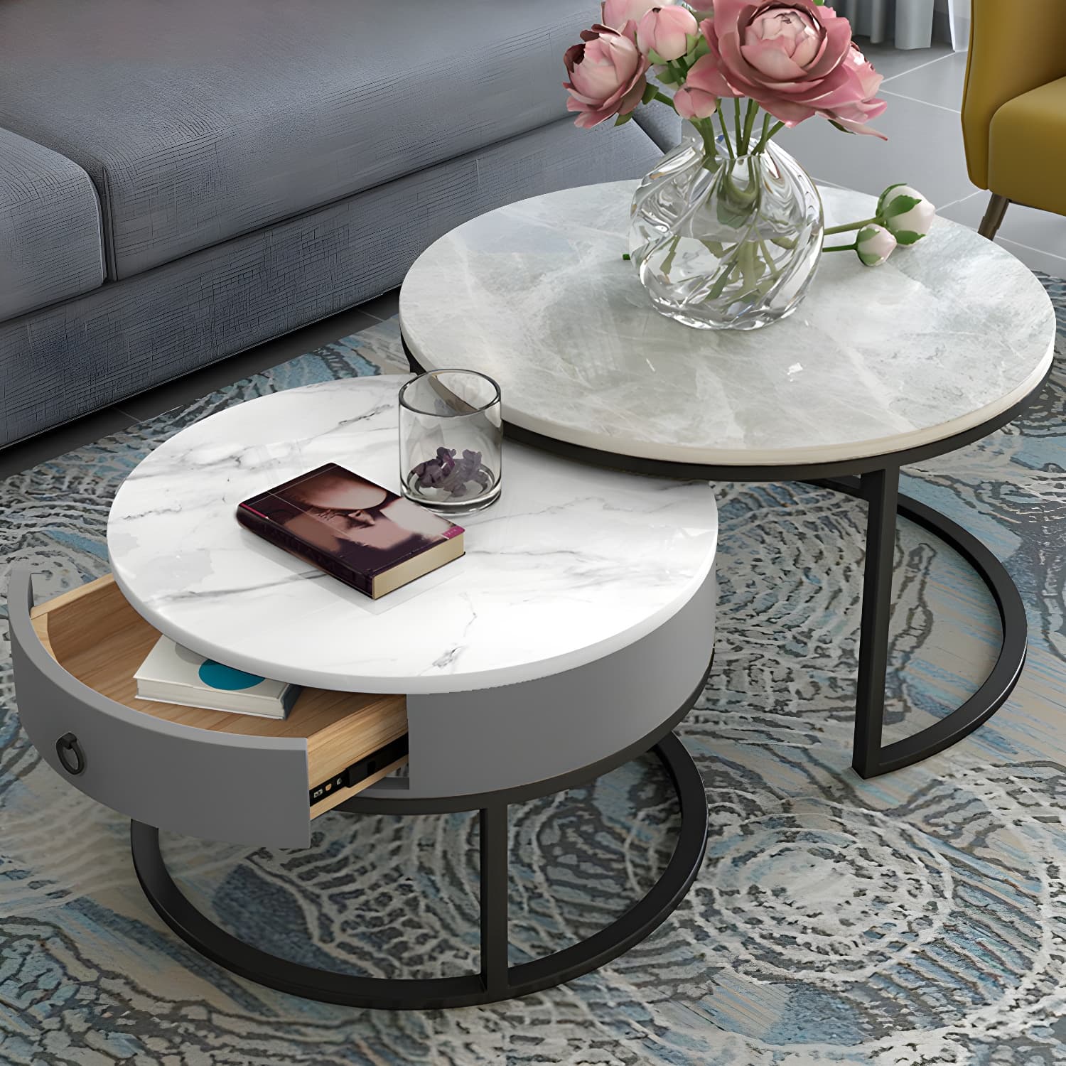 Slate Round Frame Coffee Table Modern Nesting Coffee Table Set with Drawer