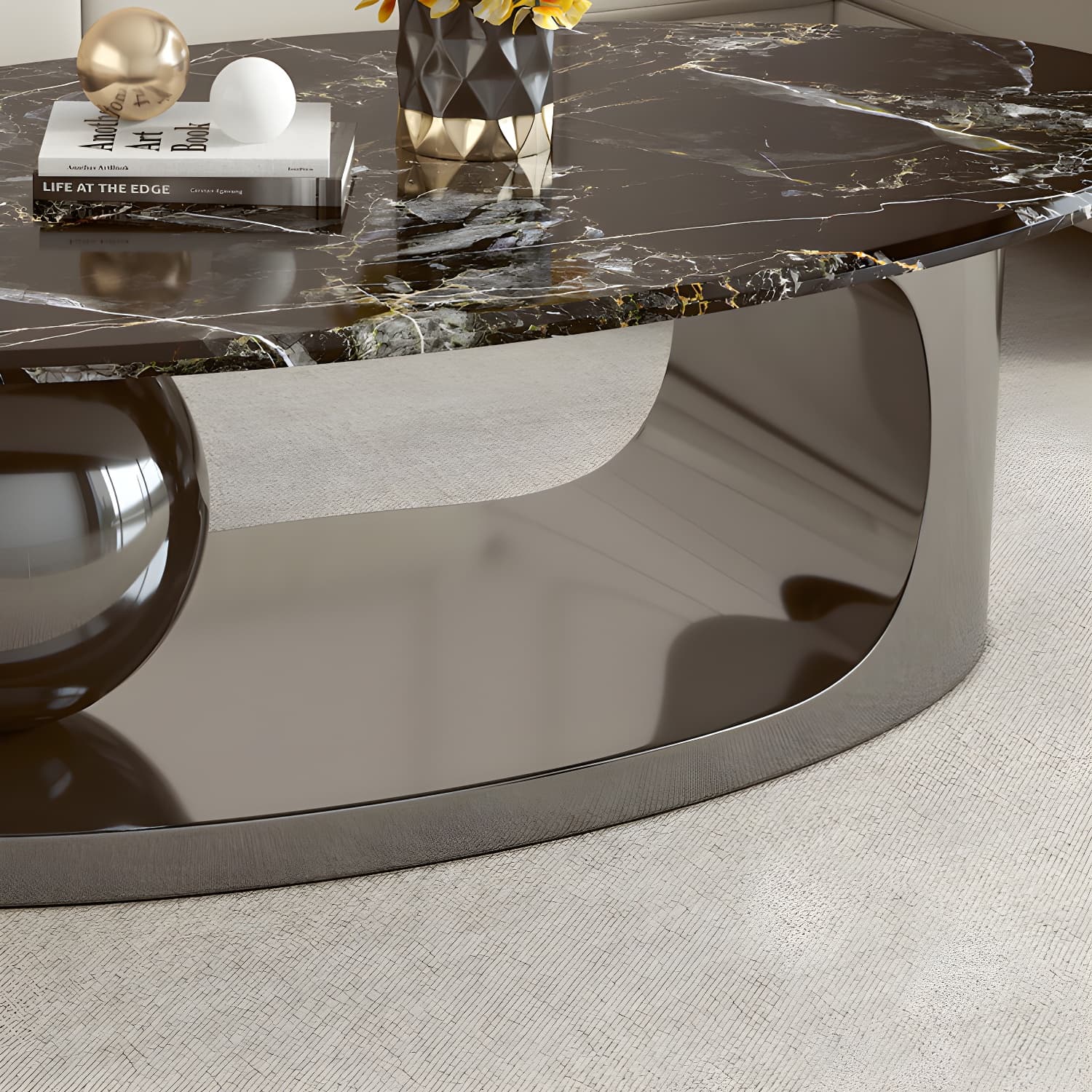 Chic Oval Stone Coffee Table - Modern Elegance with Metal Pedestal Base - image 9