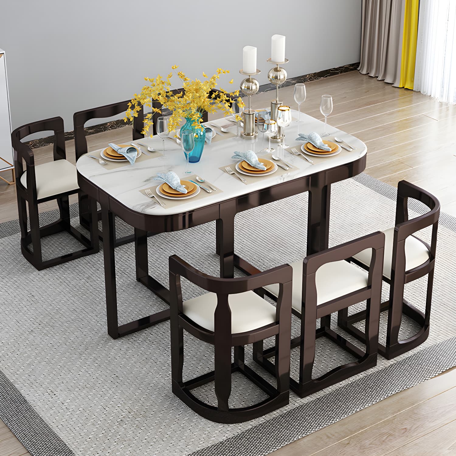 7-Piece Modern Wood Dining Set with Trestle Base and Upholstered Chairs in White - Seats 6 - image 18
