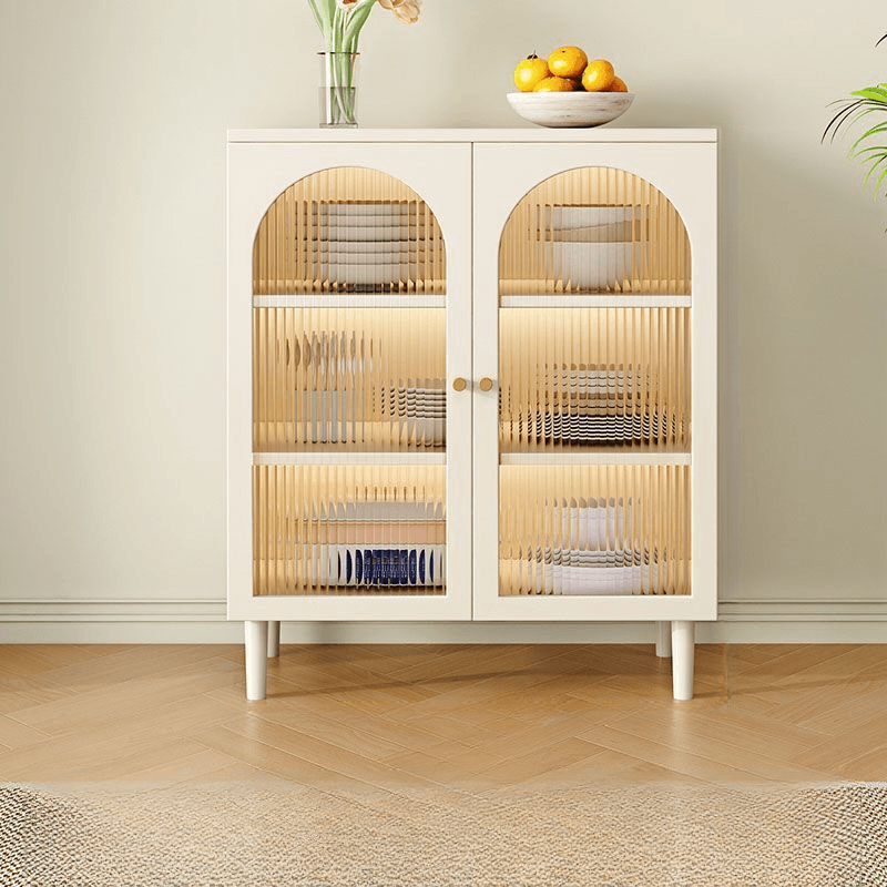 White Trendy Sideboard with 3 Drawers, Narrow/Standard Size, 3/6 Shelves, Lumber Countertop, and Glass-panel Door - image 3
