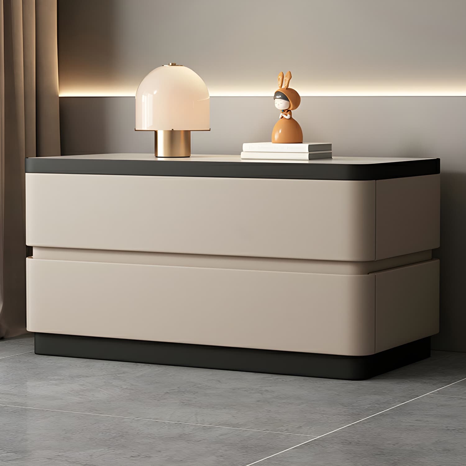 Modern Faux Leather Nightstand with 2 Drawers and Stone Countertop for Bedroom