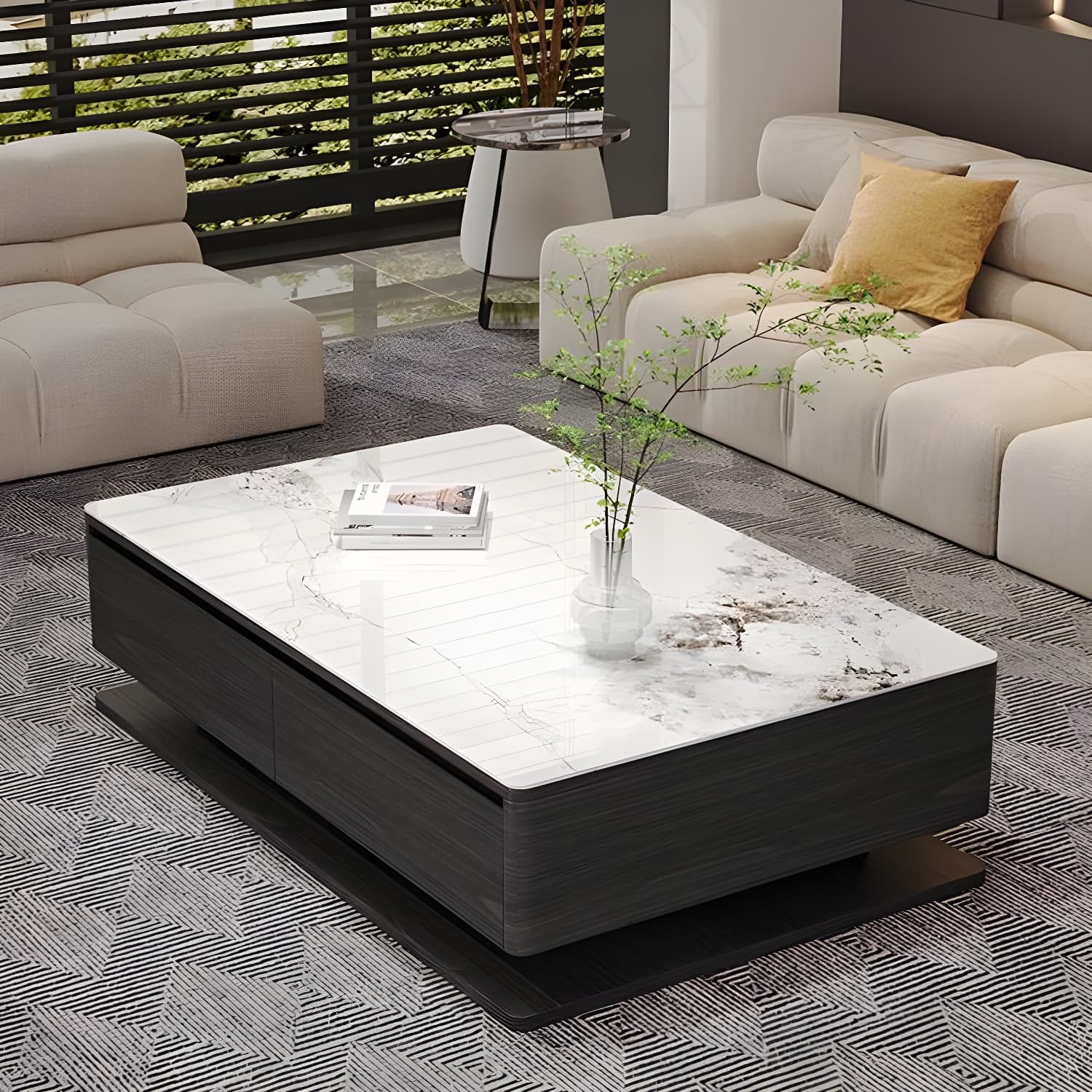 Modern 17" H Rectangular Stone Coffee Table with Four Drawers for Home