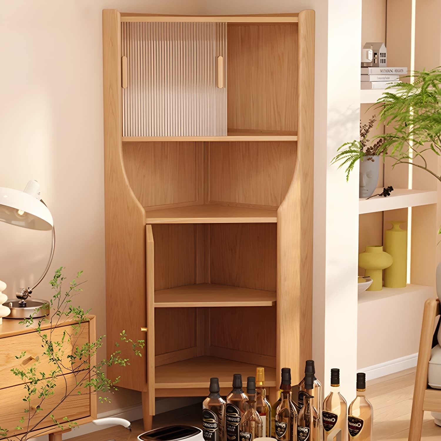 Corner Scandinavian Accent Cabinet with Wood Counter Top and Glass Doors, 2 Exterior Shelves - image 5